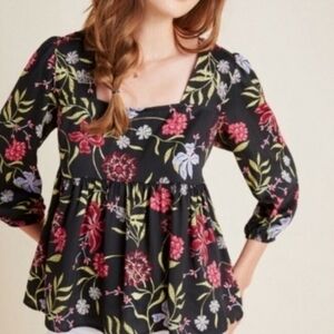 Anthropologie DOLAN Left Coast Cherie Black Multi Floral Babydoll Top Blouse